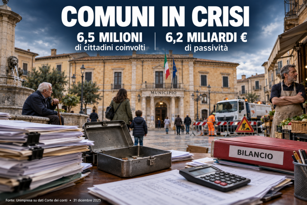 COMUNI, CONTI IN CRISI PER 6,5 MILIONI DI ITALIANI: PASSIVITÀ PER 6,2 MILIARDI